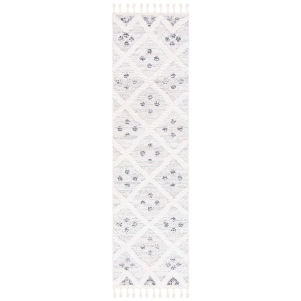 Moroccan Tassel Shag 2 ft. x 8 ft. Beige/Ivory High-Low Diamond Geometric Runner Rug