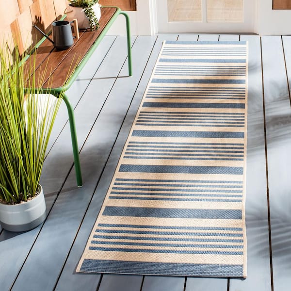 Beach House Beige/Blue 2 ft. x 8 ft. Striped Indoor/Outdoor Patio  Runner Rug