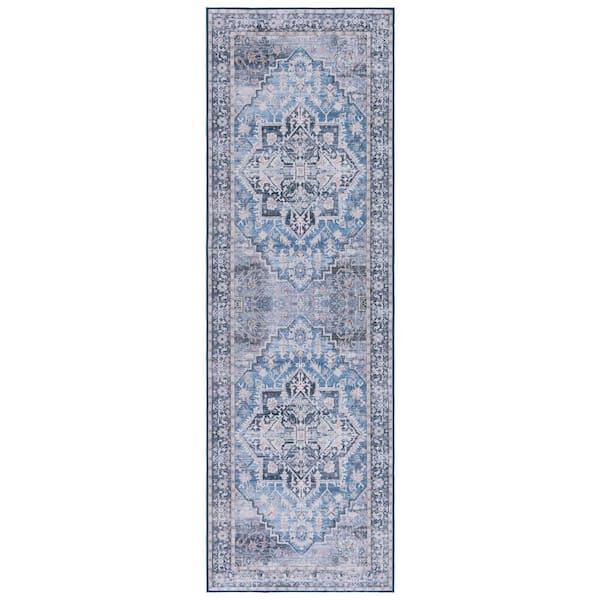 SAFAVIEH Tucson Blue/Charcoal 3 ft. x 8 ft. Machine Washable Medallion Floral Border Distressed Runner Rug