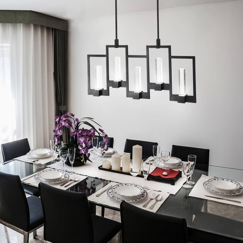 Hanson Black 10-Light LED Linear Chandelier with Seeded Glass