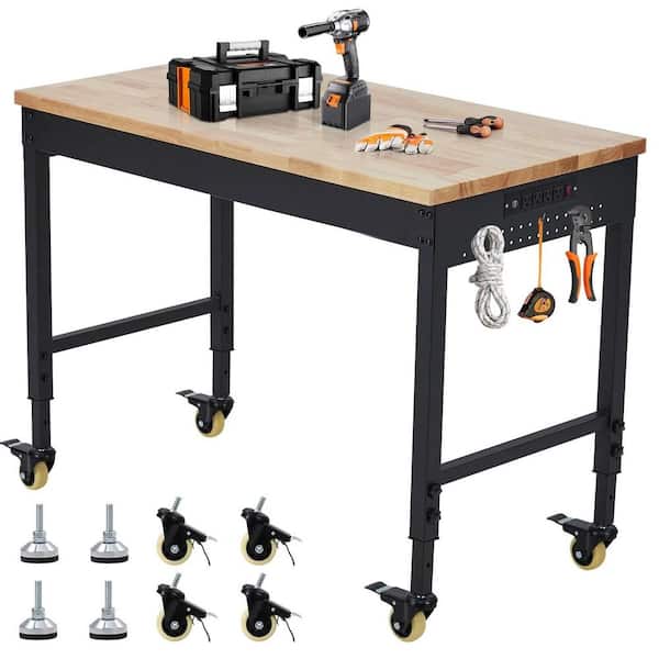 72 in. x 25 in. Adjustable Workbench 2000 Lbs Capacity, Rubber Wood Table Heavy Duty Workstation with Hardwood Top