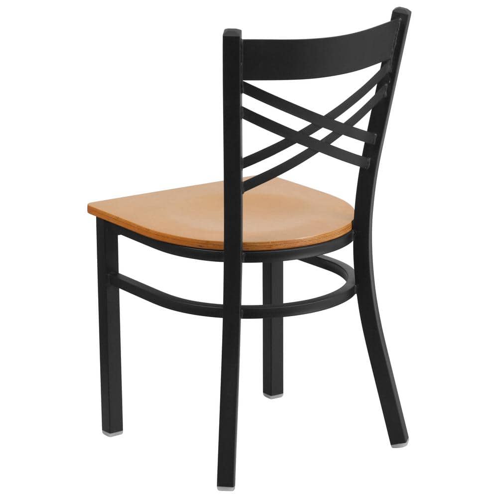 High Black Metal Cross Back Side Chair with Natural Wood Seat