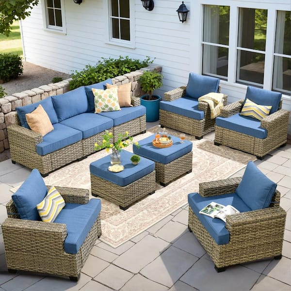 HOOOWOOO Kelleys 9-Piece Wicker Modern Outdoor Patio Conversation Sofa Seating Set with Sky Blue Cushions