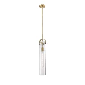 Pilaster 100-Watt 1 Light Brushed Brass Shaded Pendant Light with Seeded glass Seeded Glass Shade