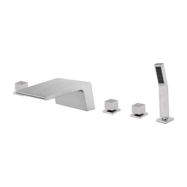 Single-Handle Tub Deck Mount Roman Tub Faucet with Hand Shower and Water Suply Hose in Brushed Nickel