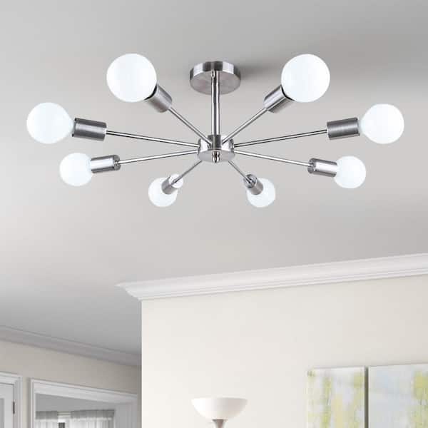 Rennnsan Claire 24 in. 8-Light Chrome Mid-Century Pendant Ceiling Light Sputnik Semi- Flush Mount Light