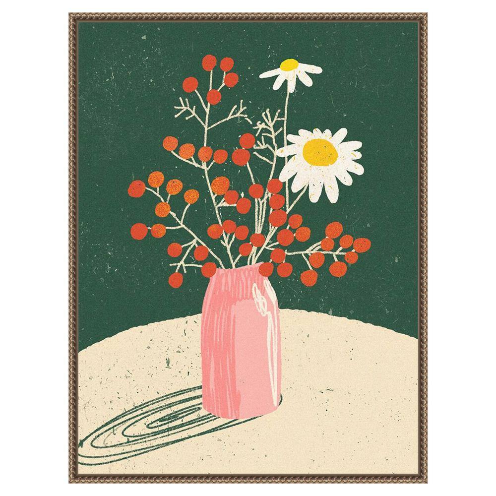 Beaded Bronze Framed Botanical Canvas Print with Pink Vase