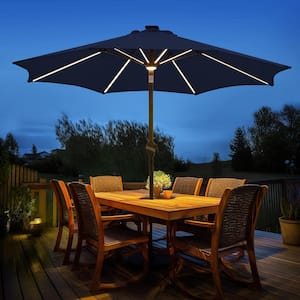 9 ft. Aluminum Outdoor Solar Patio Umbrella LED Table Umbrellas with 16 LED Strip Lights and Hub Light in Navy Blue