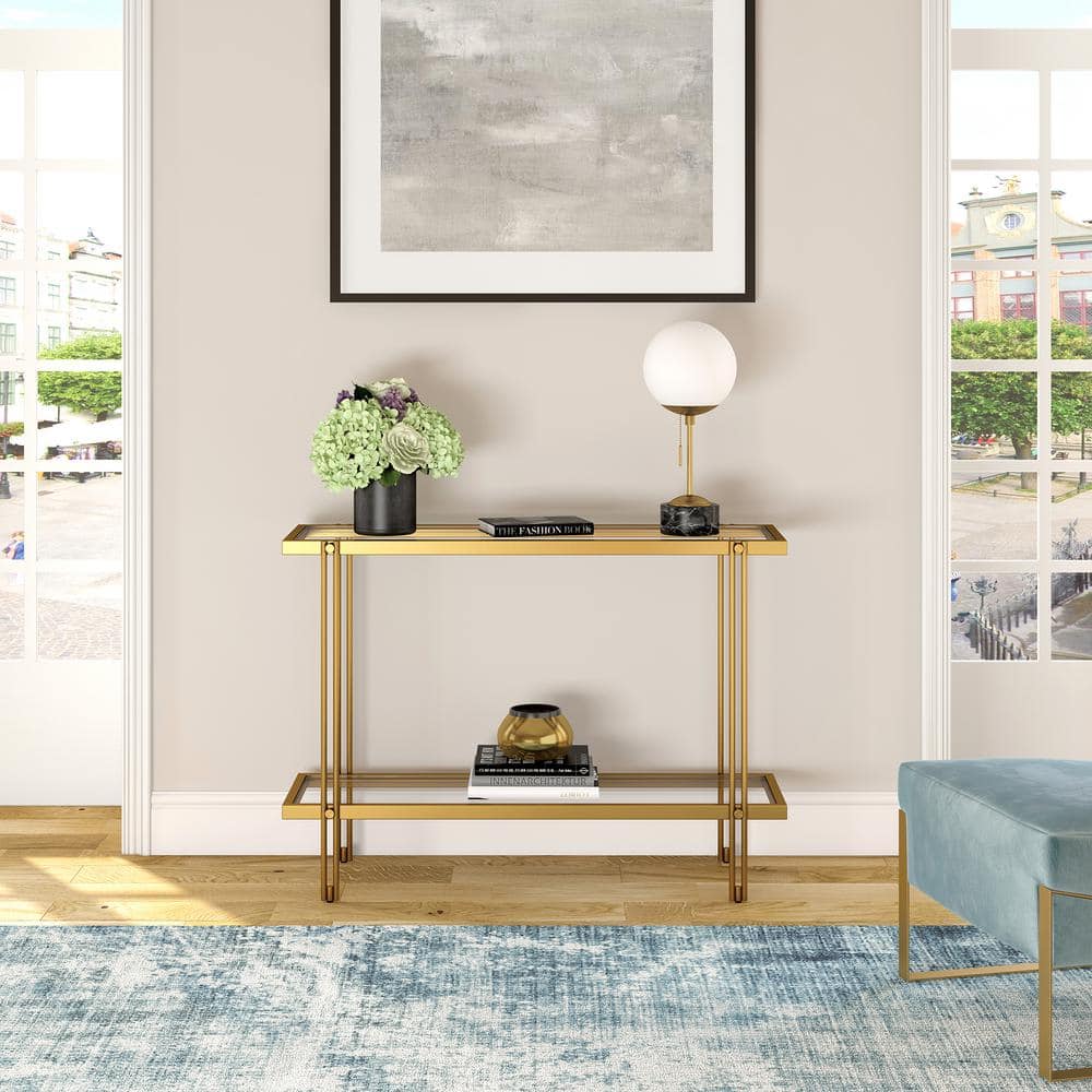 Modern Brass Finish Metal Console Table with Glass Shelf