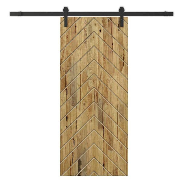CALHOME Herringbone 24 in. x 80 in. Fully Assembled Weather Oak Stained Wood Modern Sliding Barn Door with Hardware Kit