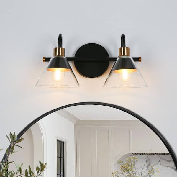 Black Bathroom Vanity Light, 13.8 in. 2-Light Gold Wall Sconce Light with Clear Glass Shades