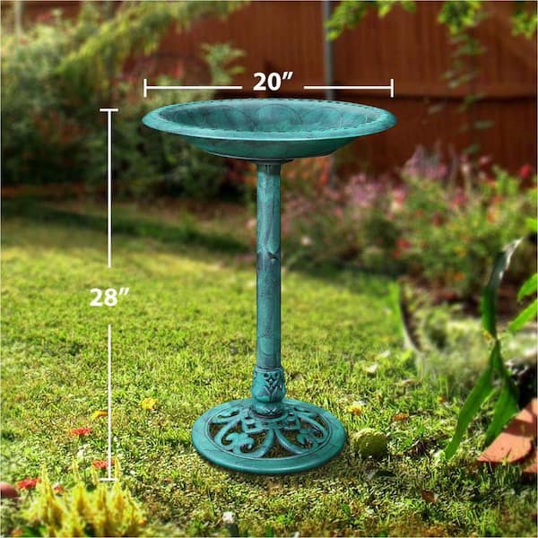 28 in. Green Polyresin Outdoor Garden Bird Bath, Weather Resistant, Lightweight, Antique Bird Feeder