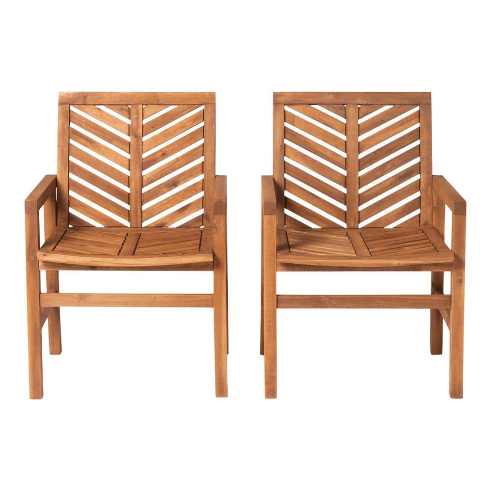 Set of 2 Brown Chevron Slatted Acacia Wood Patio Chairs