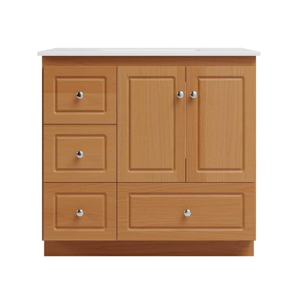Ultraline 37 in. W x 22 in. D x 35 in. H Vanity with Left Drawers in Natural Alder with Ceramic Vanity Top in White