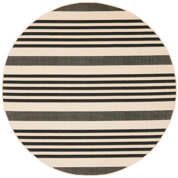 Courtyard Black/Bone 4 ft. x 4 ft. Round Striped Indoor/Outdoor Patio  Area Rug