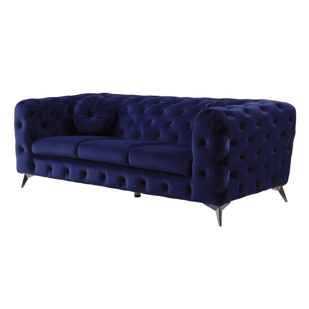 Elegant Blue Velvet Tufted Sofa with Chrome Legs, 86 in
