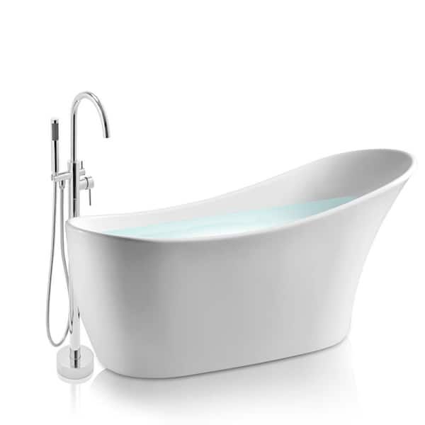 AKDY 53.9 in. Fiberglass Flatbottom Freestanding Bathtub with Tub Filler Combo in Glossy White