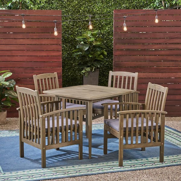 Noble House Casa 30 in. Grey 5-Piece Wood Square Outdoor Dining Set with Dark Grey Cushions