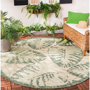 Courtyard Beige/Green 7 ft. x 7 ft. Round Floral Indoor/Outdoor Patio  Area Rug