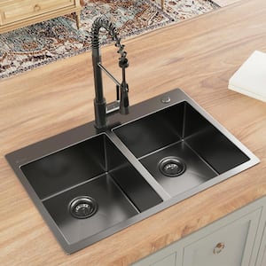 33 in. Drop-In Double Bowl 18 Gauge Gunmetal Black Stainless Steel Kitchen Sink with Black Spring Neck Faucet