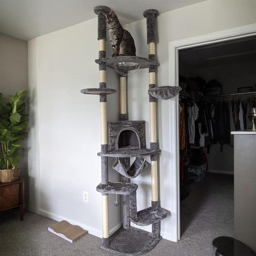Gray Height Adjustable Floor to Ceiling Cat Tree with Sisal Posts