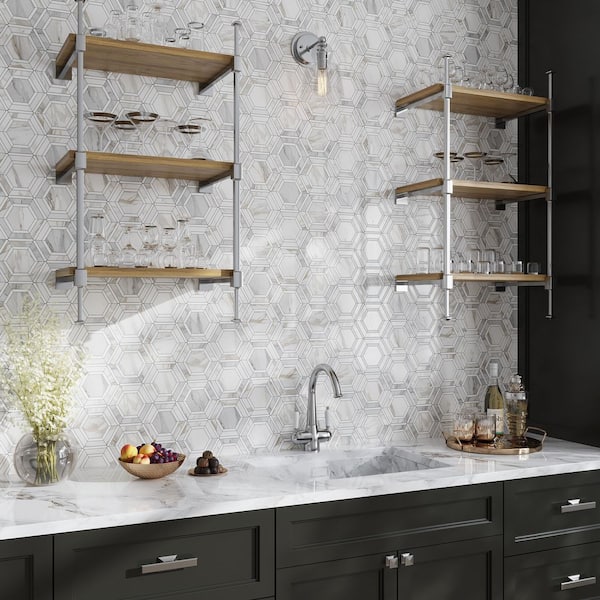 Serena 11 in. x 13 in. Polished White Gray Calacatta Gold, Thassos Mosaic Wall and Floor Tile (5.4 sq ft/case)-5 Pack