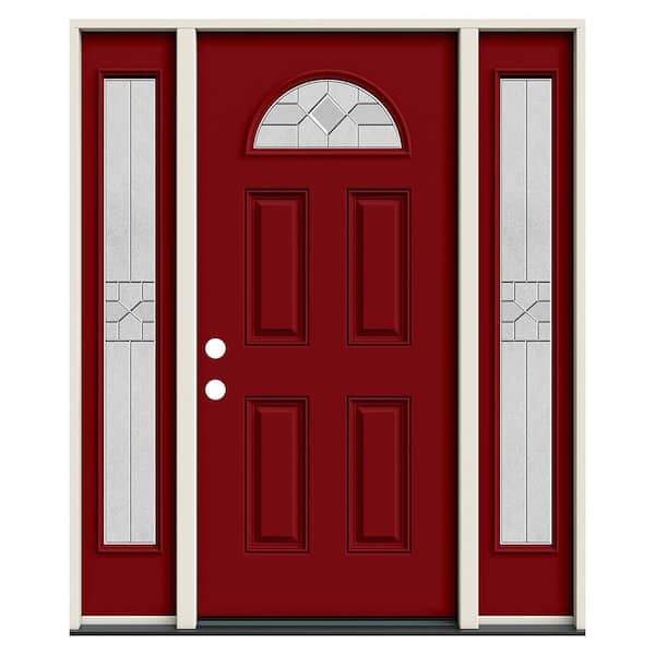 60 in. x 80 in. Right-Hand FanLite Caldwell DecorativeGlass CranberryRed Paint Fiberglass Prehung Front Door W/Sidelites
