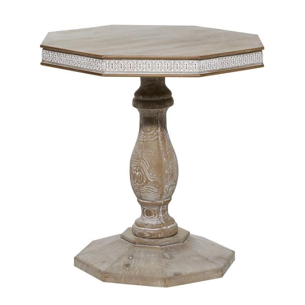 Litton Lane 28 in. Brown Handmade Intricately Carved Floral Large Hexagon Wood End Accent Table