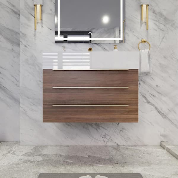 Bethany 30 in. W x 20 in. D x 22 in. H Single Sink Floating Bath Vanity in Rosewood with White Acrylic Top