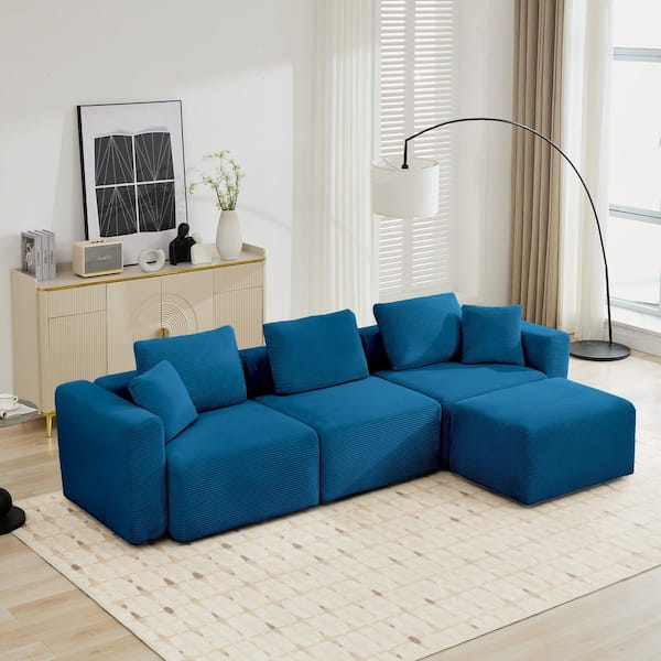JEAREY 112.2 in. Width Corduroy Fabric Modular Sectional Sofa Couch with Ottoman for Living Room in Navy