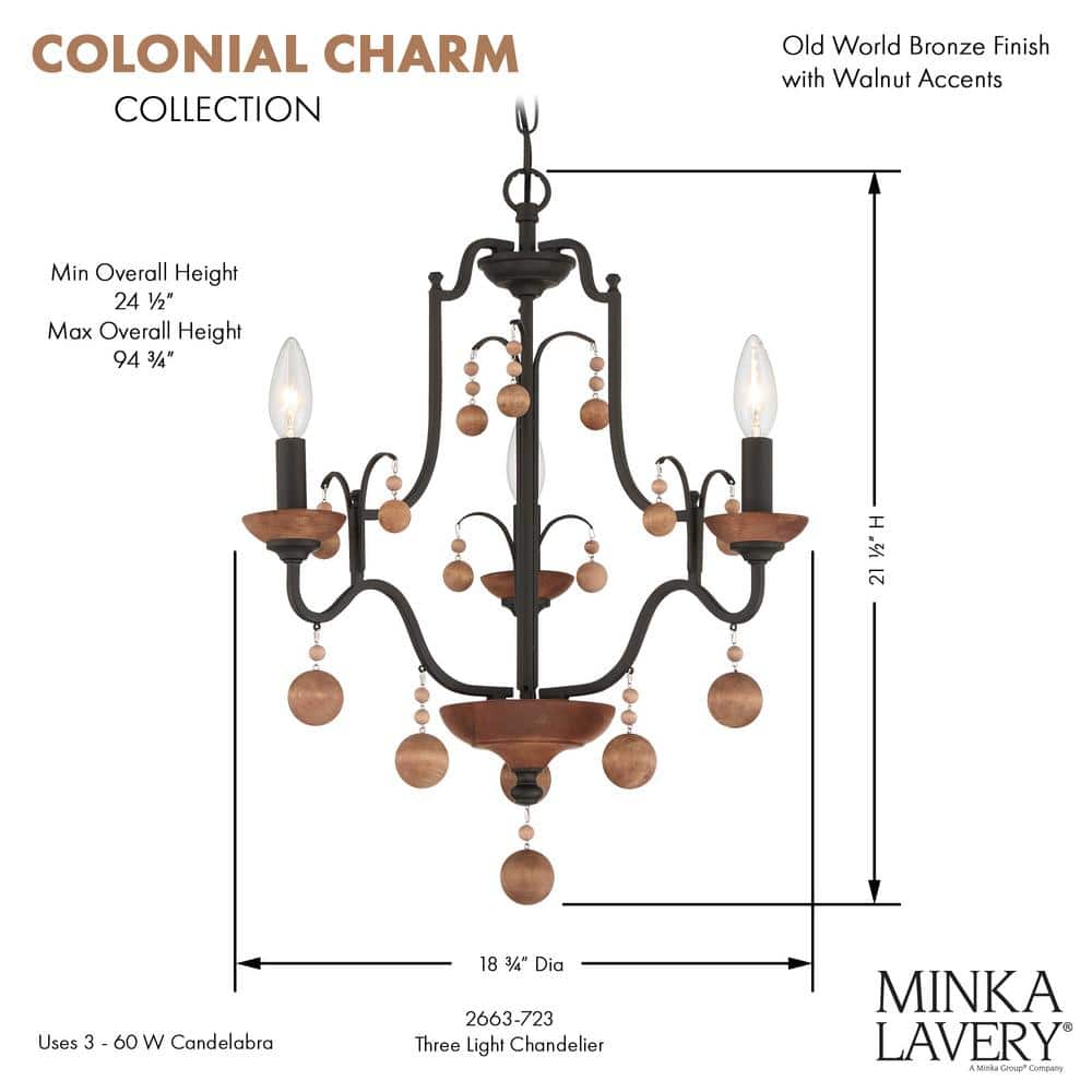 Colonial Charm Mini 3-Light Old World Bronze & Walnut Chandelier