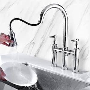 Double Handle Bridge Kitchen Faucet with Pull-Down Sprayhead in Polished Chrome