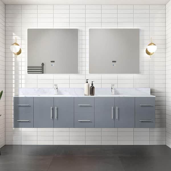 Lexora Geneva 84 in. W x 22 in. D Dark Grey Double Bath Vanity, Carrara Marble Top, Faucet Set and 36 in. LED Mirrors