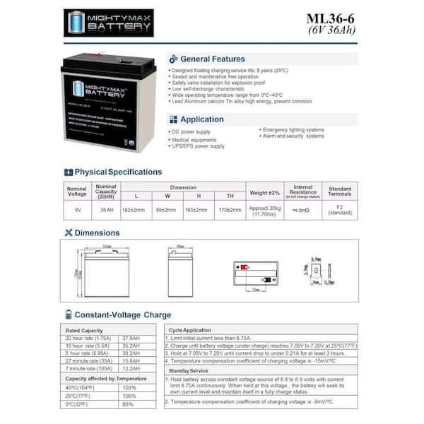 MIGHTY MAX BATTERY 6V, 36Ah, AGM, F2 Terminal, Replacement Battery