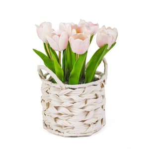 10 in. Artificial Floral Arrangements Tulips in Basket- Color: Pink