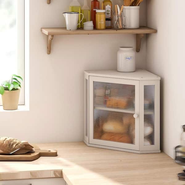 1 Piece Large Capacity Space-Saving Reusable Bamboo Wood Corner Bread Box Set with Acrylic Wavy Door Panel, in White