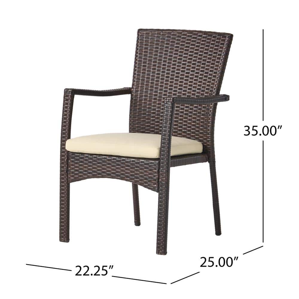 Corsica Brown Iron Wicker Dining Arm Chair with Cream Cushions