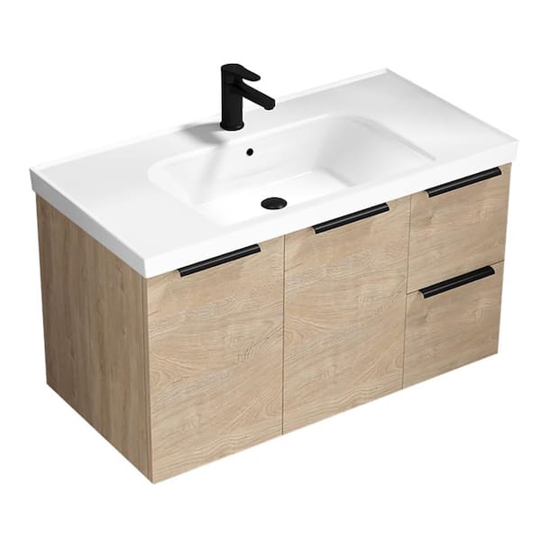 Frame 35.4 in. Modern Freestanding Bath Vanity in Brown Oak with White Ceramic Top