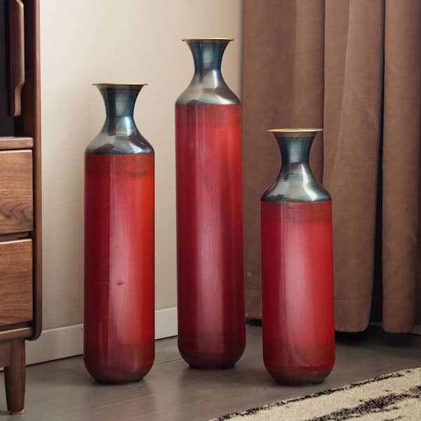 20.5"/24.4"/28.4" 3-Pc Red Bottled Modern Droplet Floor Vase Set-Glazed Metal, Large Vases for Home Decor