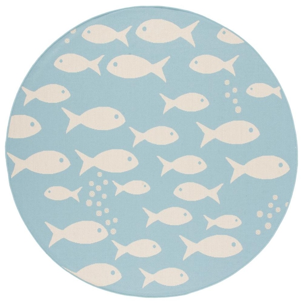 SAFAVIEH Courtyard Aqua/Beige 5 ft. x 5 ft. Novelty Fish Indoor/Outdoor Patio  Round Area Rug
