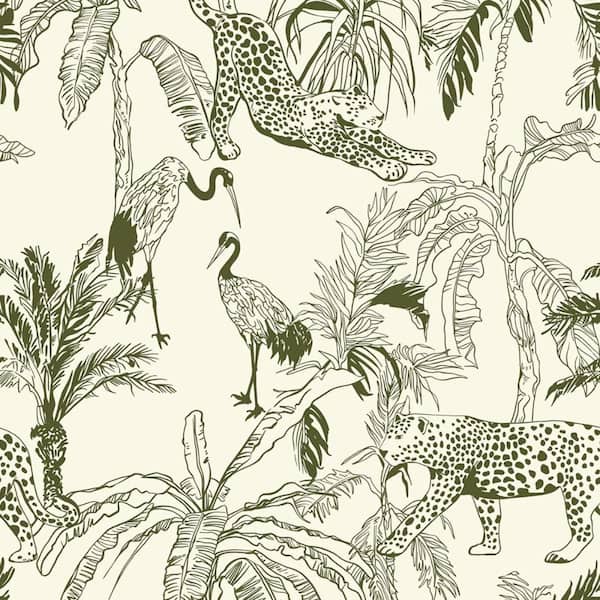 Beige and Green Boho Jungle Animal Peel and Stick Removable Self-Adhesive Wallpaper