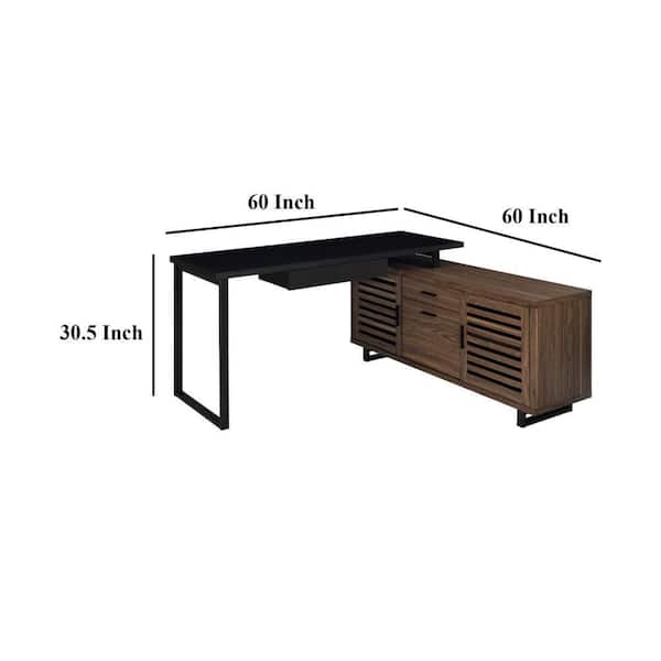 Benjara Doxx 60 in. L-Shaped Black Metal and Walnut Wood 3-Drawer