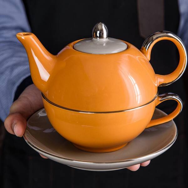 Artvigor 10 oz. Single Serve 1-Piece Orange Porcelain Teapot Teacup and  Saucer Set ART-CC006 - The Home Depot