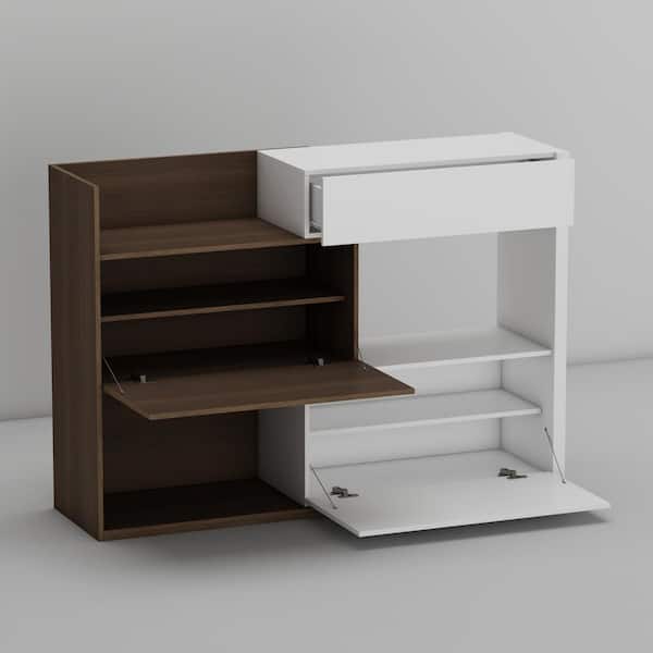 40.5 in. H x 58.4 in. W White and Brown Wooden Grain Wood Shoe Storage Bench 1 Drawer, 3 Open Shelf and 4 Shelf in Door