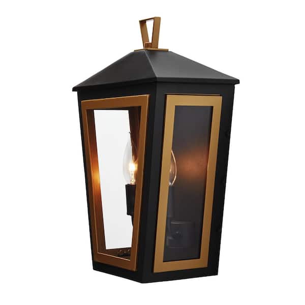 Home Decorators Collection Lampson 16 in. 2-Light Black with Gold Hardwired Tapered Outdoor Wall Lantern Sconce