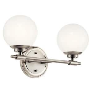 Benno 14.75 in. 2-Light Polished Nickel Industrial Bathroom Vanity Light with Opal Glass