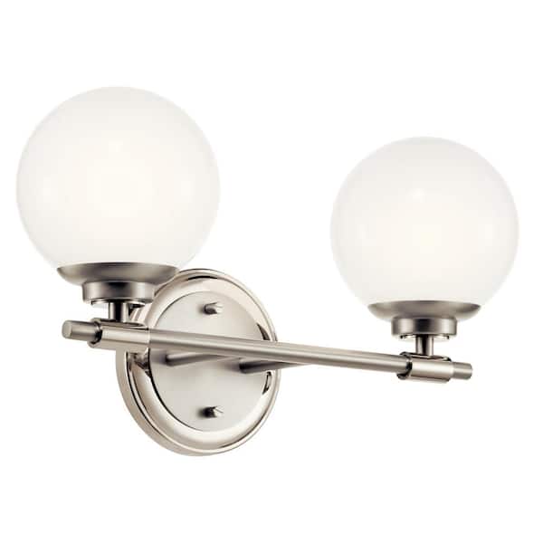 KICHLER Benno 14.75 in. 2-Light Polished Nickel Industrial Bathroom Vanity Light with Opal Glass