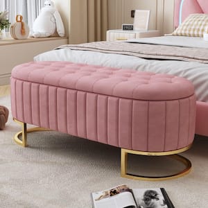 Elegant Pink Upholstered Velvet Storage Bedroom Bench with Button-Tufted Flip-Top Seat Lid and Gold Metal Legs