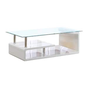 Torkel 48 in. White/Chrome Large Rectangle Glass Coffee Table with Shelf