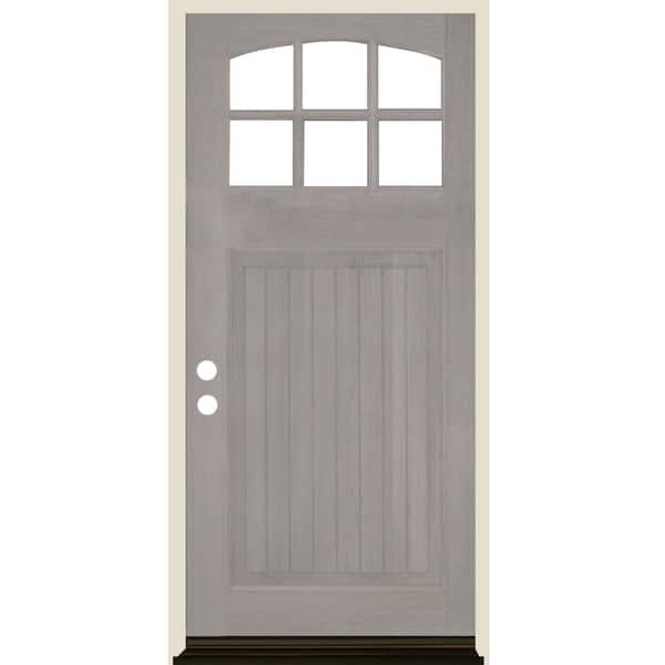36 in. x 80 in. Craftsman 6 Lite V Groove Arch Top Grey Stain Right-Hand/Inswing Hemlock Prehung Front Door